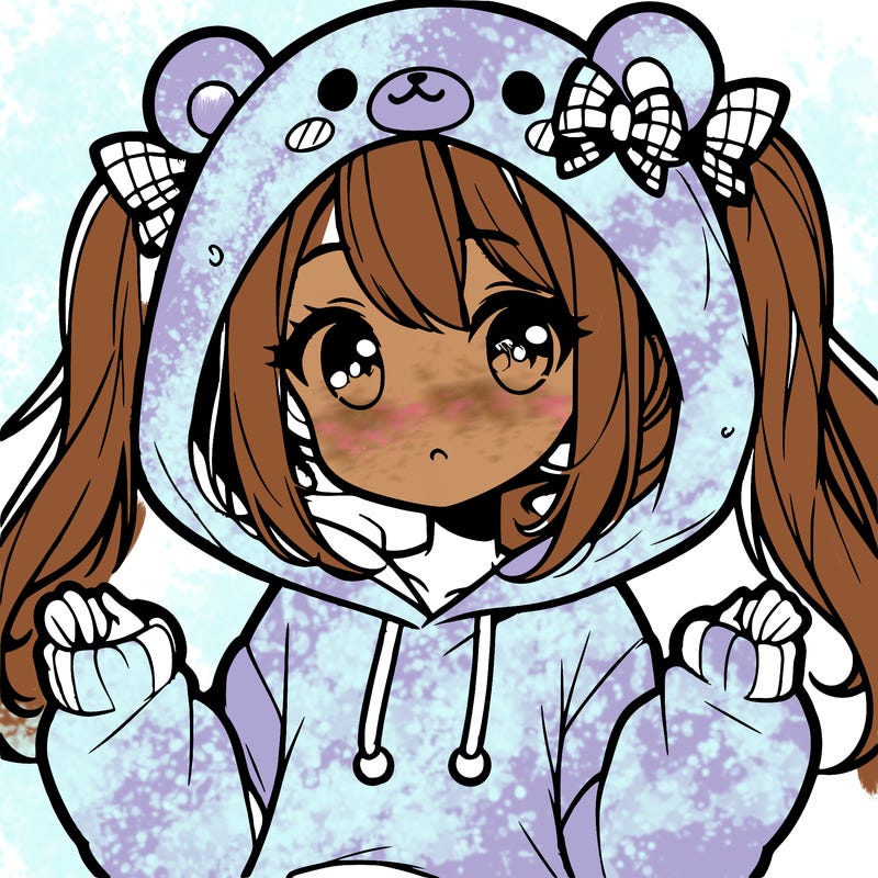 cute anime girl with ponytails and a cute bear hoodie