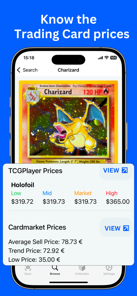 TCG Scan - Pokemon Card Prices - Mobile app interface showing market prices for a Charizard Pokemon card from TCGPlayer and Cardmarket