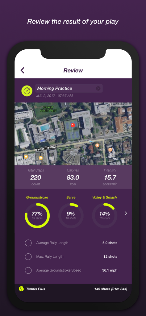 Tennis Plus app performance review screen displaying shot analytics calorie count and court location map