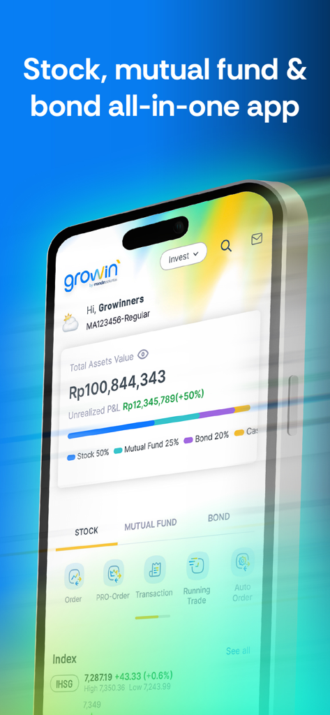 Growin' - Invest & Trade - Teléfono inteligente que muestra el panel de la aplicación de inversión Growin con gestión de cartera de acciones, fondos mutuos y bonos.