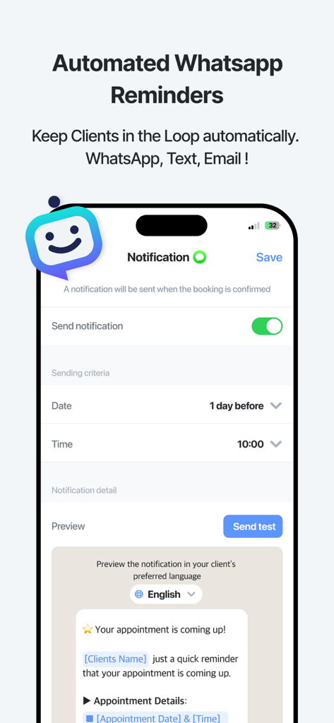 Tela de smartphone mostrando as configurações de lembrete automático de WhatsApp do ColavoSalon