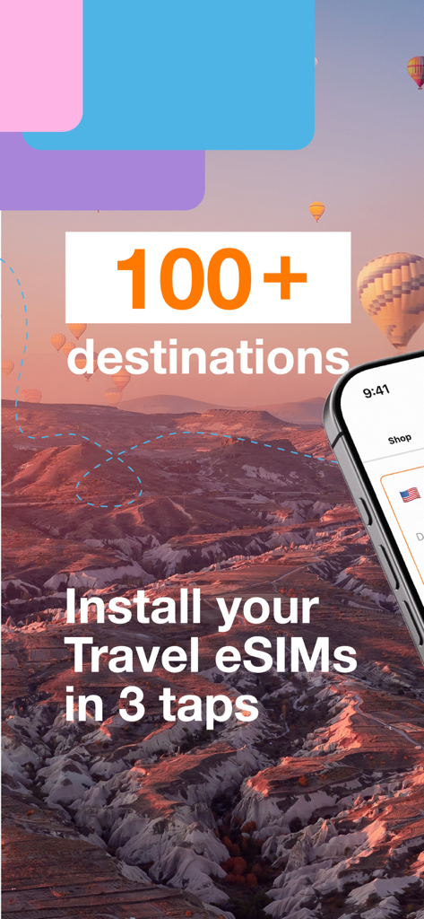 Hello eSIM – Orange Luxembourg - Hello eSIM app showing over 100 travel destinations and easy installation process