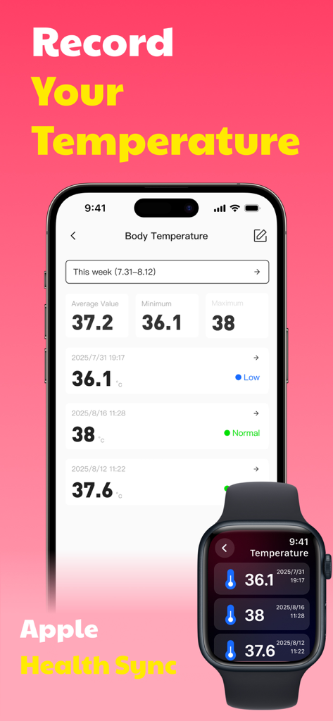 iCardial app on iPhone and Apple Watch showing body temperature logs and Apple Health synchronization.