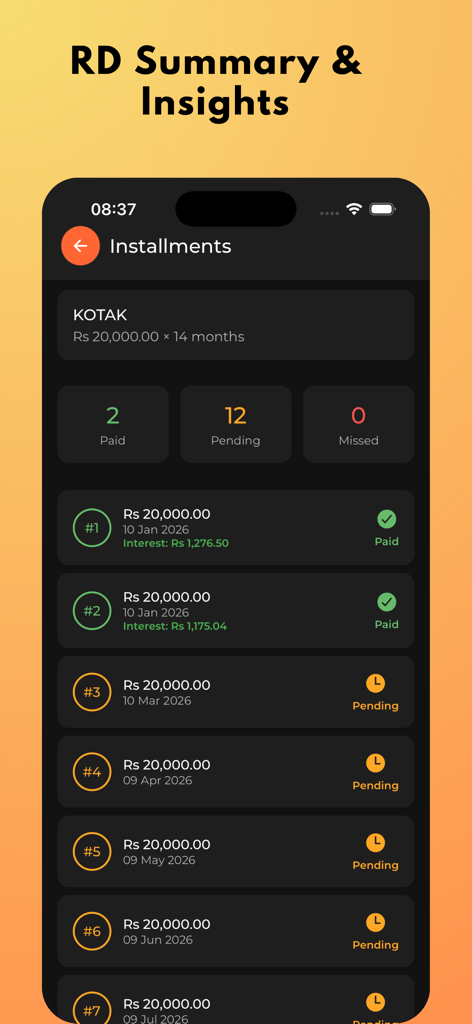 Mobile app screen displaying recurring deposit installment summary and payment status