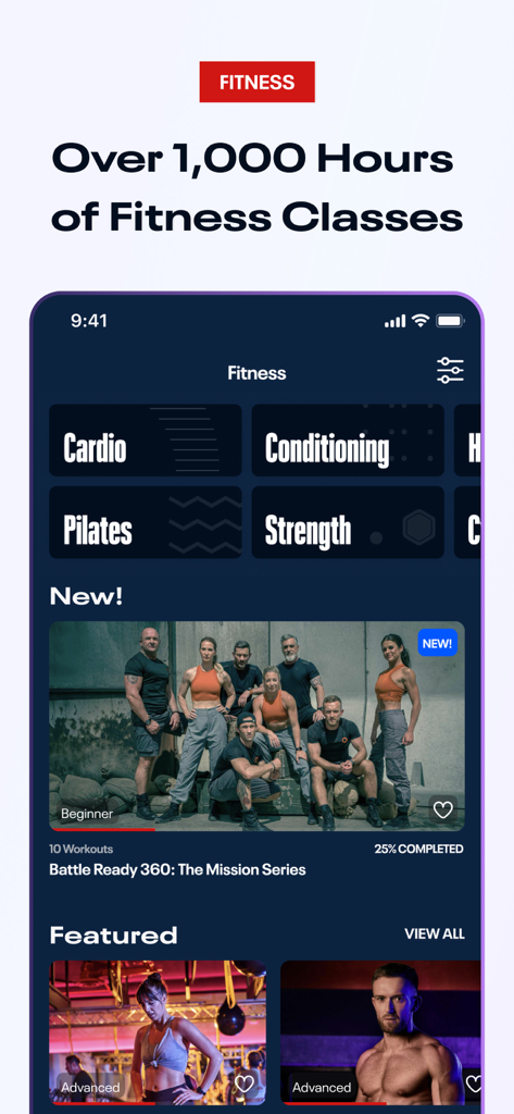 Panel de Reebok Fitness App que muestra clases de entrenamiento de cardio, acondicionamiento, pilates y fuerza