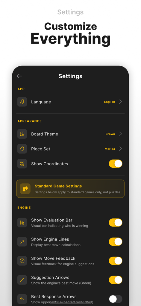 Interfaz de configuración de Lina Chess mostrando opciones para temas del tablero, conjuntos de piezas y activadores de análisis de motor.