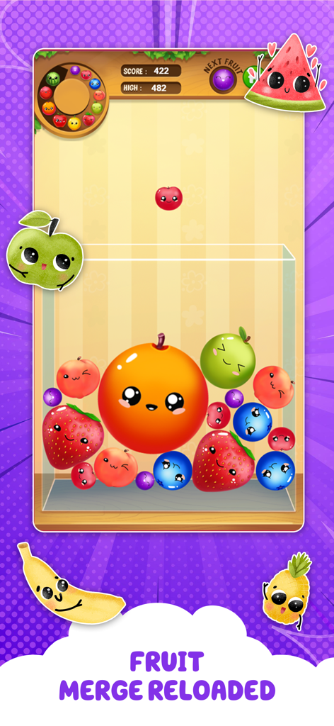 Captura de pantalla del juego de Watermelon Games Fruit Merge mostrando lindos personajes de frutas coloridas en un contenedor de puzzle basado en físicas.