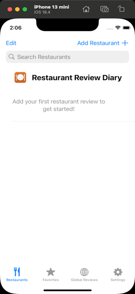 Restaurant Review Diary - Home screen of the Restaurant Review Diary app showing an empty list and a prompt to add a new review.