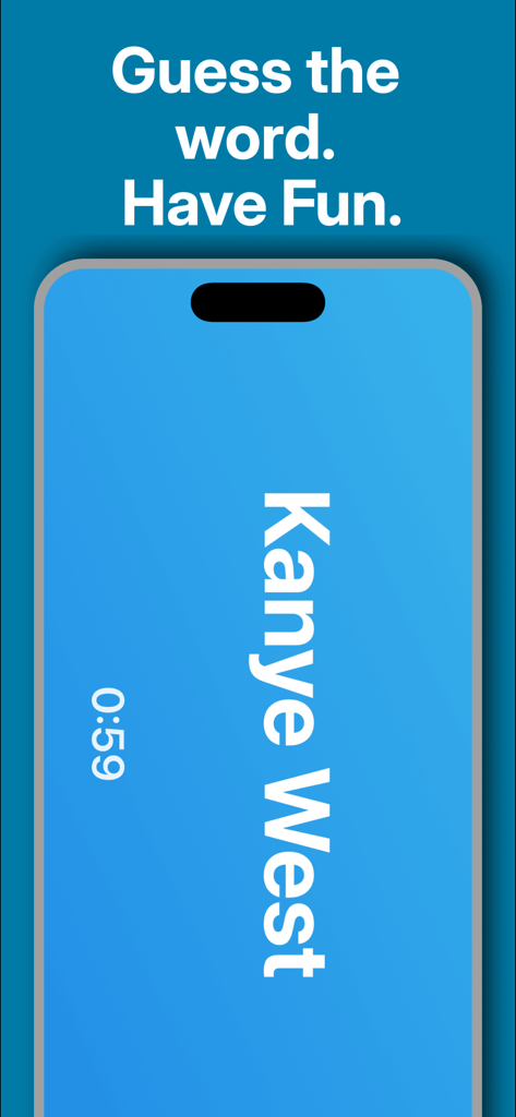Charades Game - Guess Word - Pantalla móvil mostrando la palabra Kanye West en un juego de charadas para adivinar en una fiesta