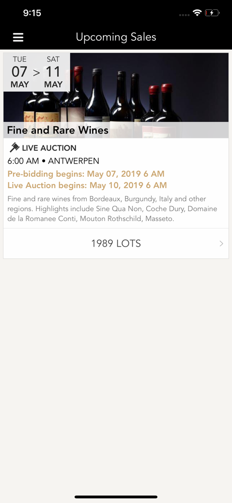 Sylvie's Wine Auctions - Upcoming live auction for fine and rare wines on Sylvie's Wine Auctions mobile app