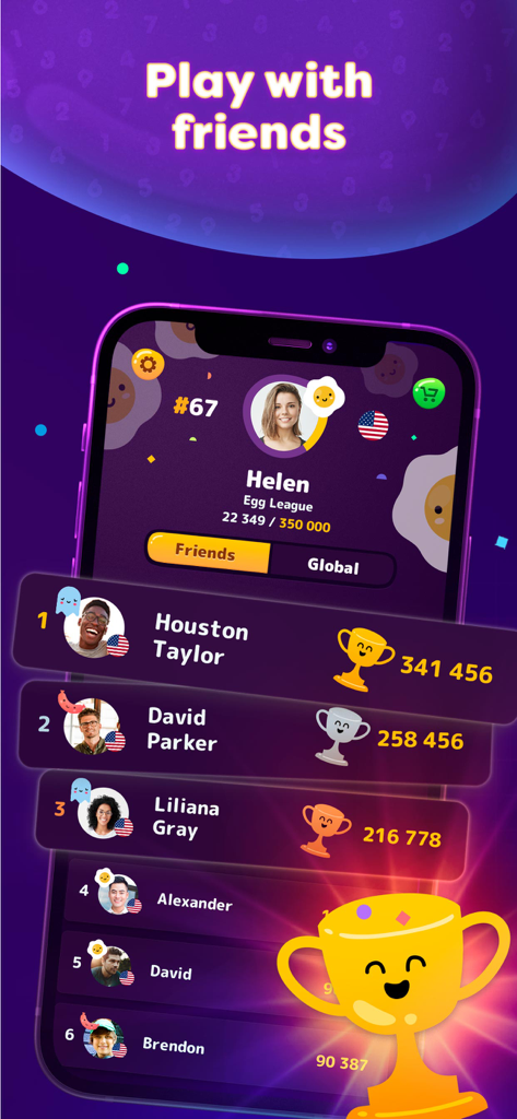 Numberzilla: Number Match Game - Numberzillaアプリの画面。プレイヤーランキングと友達プロフィールが表示されたソーシャルリーダーボードが表示されています。