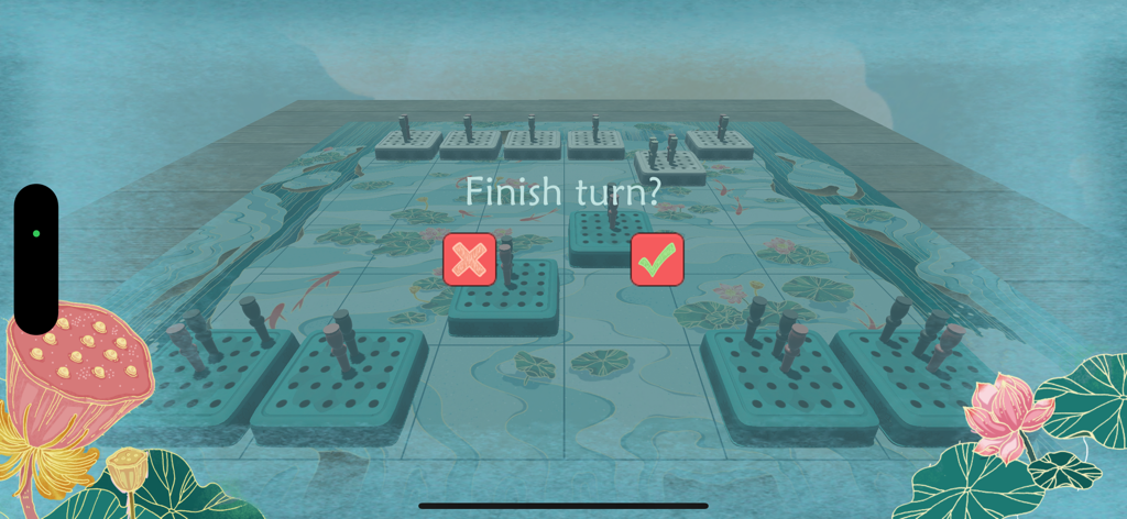 Thrive Board Game - Thrive Brettspiel Gameplay-Bildschirm mit einem Bestätigungsdialog für einen Spielzug auf einem schönen, lotus-themierten Brett.