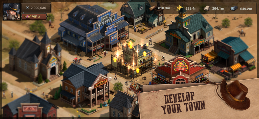 West Game - 웨스트 게임 모바일 앱에서 다양한 개척지 구조물을 사용하여 서부극 마을을 건설하는 조감도
