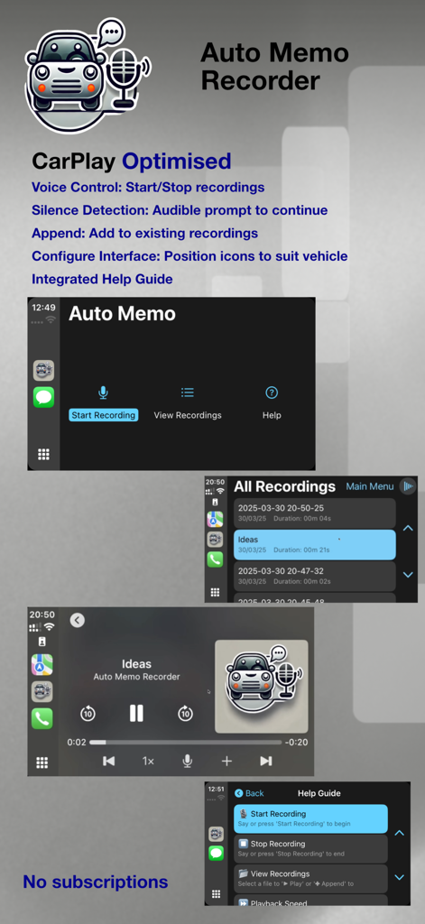 Auto Memo Recorder - Interfaz de Grabadora Auto Memo optimizada para CarPlay con control por voz y gestión de grabaciones.
