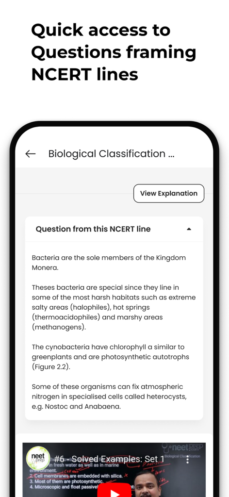 NEETprep Essential - A mobile app screenshot showing biological classification study material based on NCERT lines with a video explanation button
