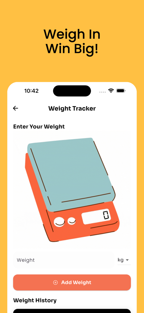 AtlasFit weight tracker screen showing a digital scale illustration and button to add weight.