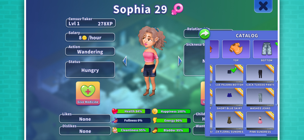Character profile screen showing stats and clothing catalog in Virtual Families Our New Home
