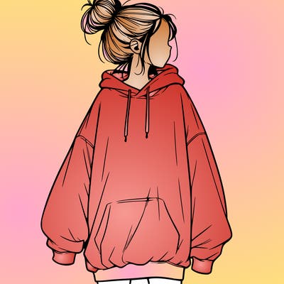 realistic girl with a oversized sweatshirt on and a bun