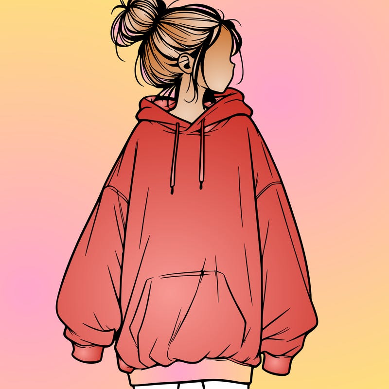 realistic girl with a oversized sweatshirt on and a bun