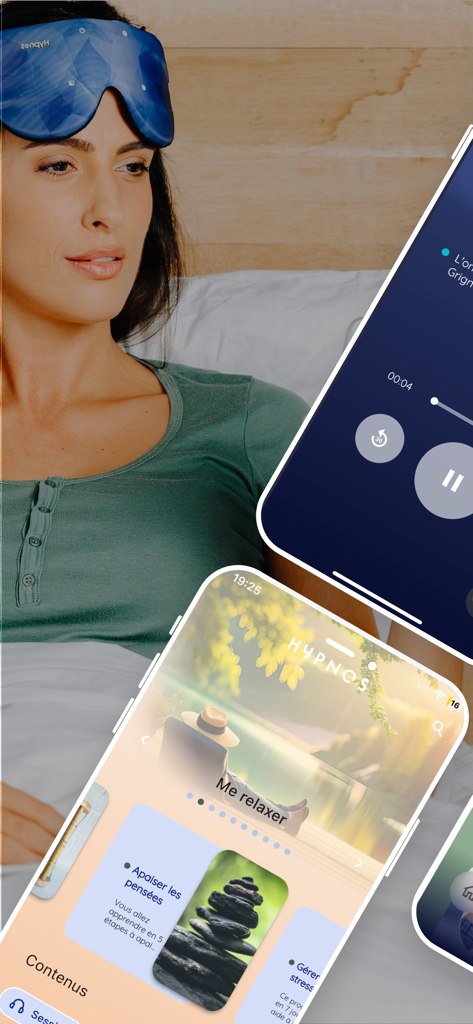 Hypnos: Sleep, Relaxation - Woman wearing a blue Hypnos smart sleep mask with mobile app screens displaying relaxation and hypnosis sessions