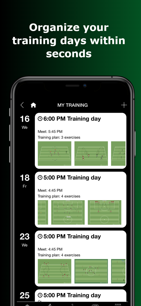 Interface da aplicação móvel mostrando um calendário de dias de treino de futebol com diagramas de exercícios e horários das sessões