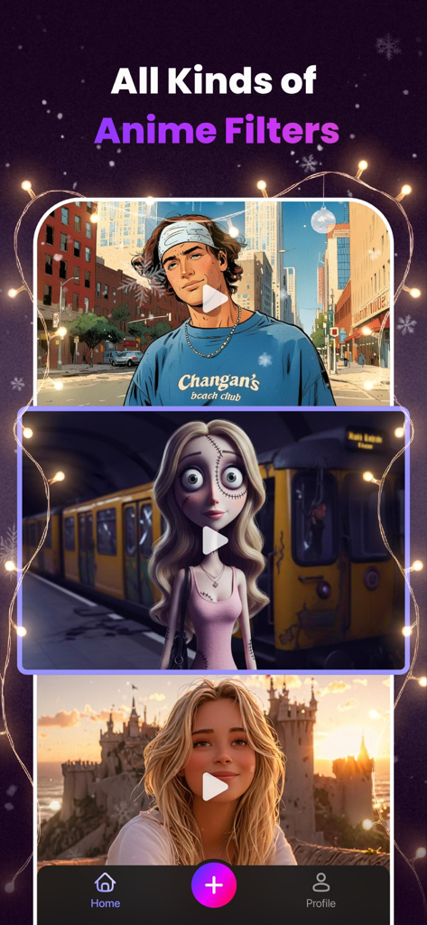 Clipfly - AI Video Generator - Interface of Clipfly app showcasing different AI anime filters for video generation