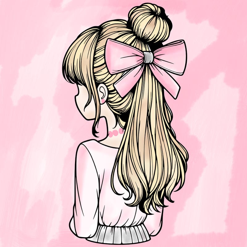 realistic girl  with hip length hair a bun and a big bow on the back of head
