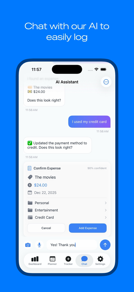 Household & Family Budget App - Una captura de pantalla de la interfaz de chat del asistente de IA utilizada para registrar gastos en la aplicación de presupuesto familiar y del hogar.