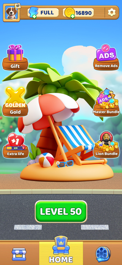 Arrange It! - Logic Puzzle - Main menu screen of Arrange It Logic Puzzle game showing Level 50 and a tropical beach background