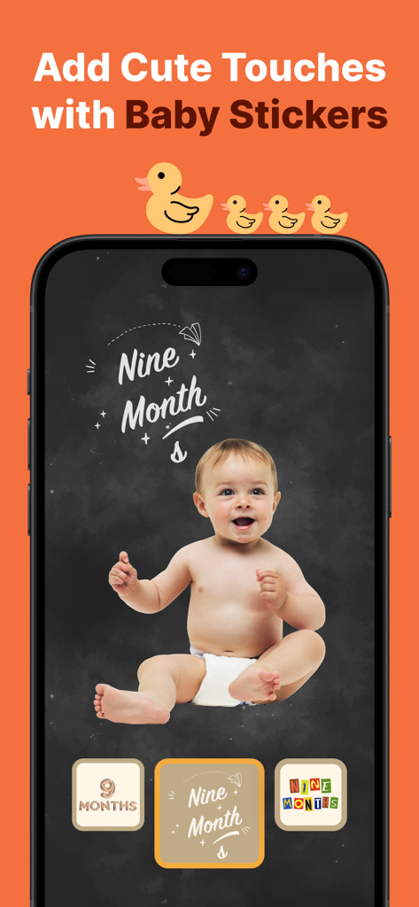 Miracle: Baby Photo Editor - Interfaz de la aplicación Miracle que muestra una foto de un bebé con una pegatina de hito de nueve meses y una selección de opciones de pegatinas en la parte inferior.