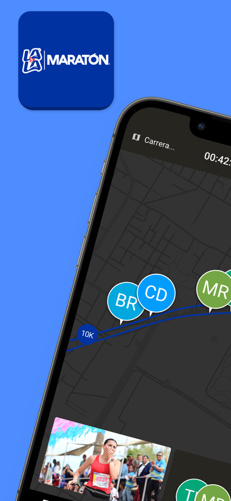 Maraton Lala - マラソン・ララモバイルアプリのインターフェース。レースマップ上にリアルタイムのランナートラッキングが表示され、参加者の写真ギャラリーがある。