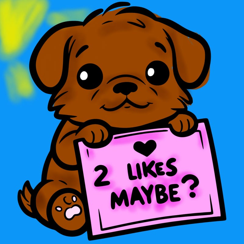 a puppy holding a sign that says 2 likes maybe?