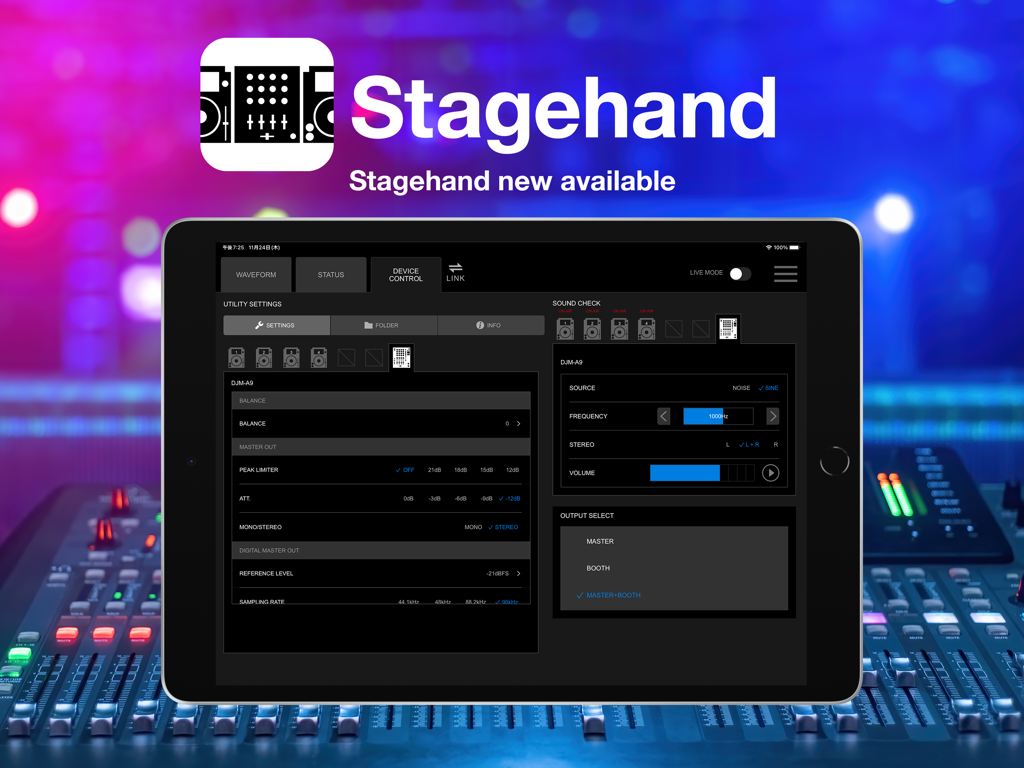 Stagehand: PRO DJ LINK Manager - iPad displaying the Stagehand PRO DJ LINK Manager interface for remote DJ equipment control