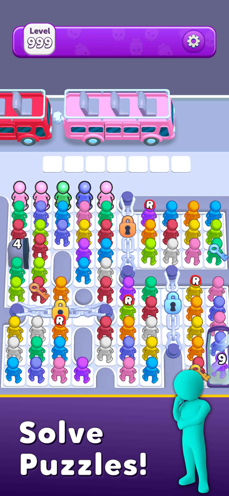 A Bus Jam mobile game level showing color-coded passengers and buses with sorting puzzle mechanics.