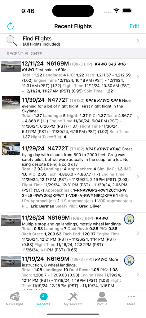 MyFlightbook - Screenshot of the MyFlightbook app showing a list of recent pilot flight logs with aircraft details and statistics.