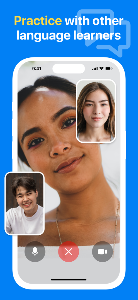 A video call screen in the Idyoma app where users practice speaking with other language learners.