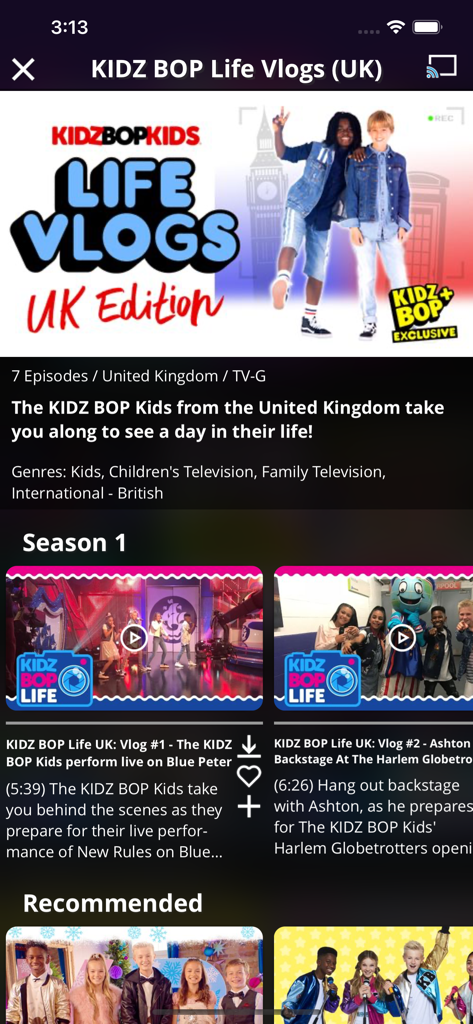 Interface of the KIDZ BOP+ app showing the Life Vlogs UK Edition series with episode thumbnails and video descriptions.