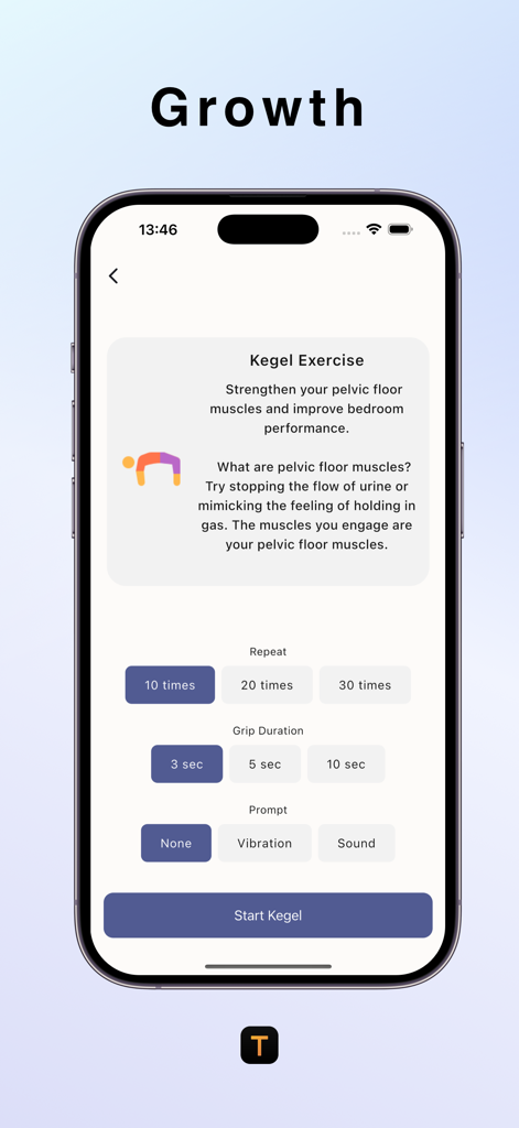 Transform: Quit Porn & Fap - Interfaz de la aplicación Transform que muestra la personalización de ejercicios de Kegel, incluyendo repeticiones y duración del agarre.