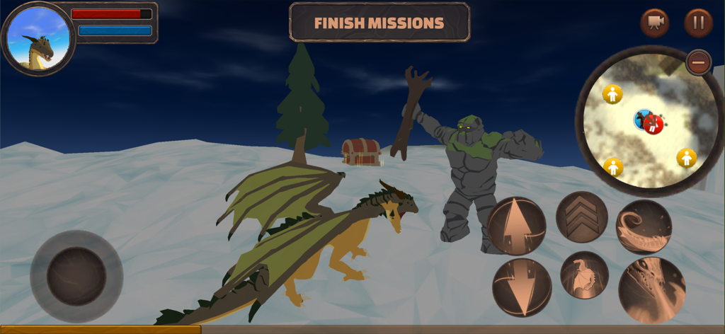 Dragon Life Simulator - A dragon facing a giant stone golem in a snowy landscape in the Dragon Life Simulator mobile game