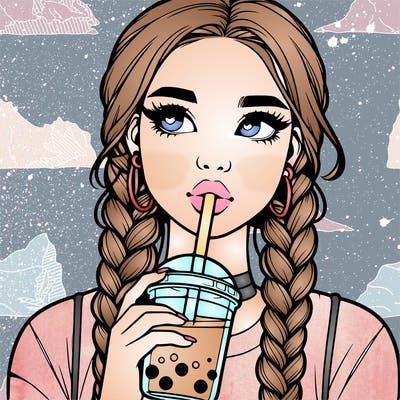 realistic girl with braided hair drinking boba