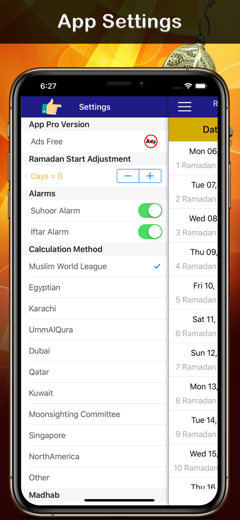 Settings screen of the Ramadan Calendar app showing calculation methods and prayer alarms.
