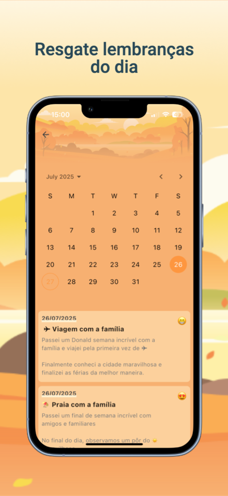 Diário Pessoal - Visão de calendário minimalista em um aplicativo de diário pessoal mostrando entradas históricas e memórias diárias