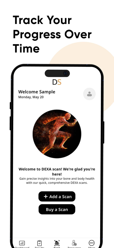 Painel do aplicativo DexaScan mostrando uma mensagem de boas-vindas e botões para adicionar ou comprar um exame