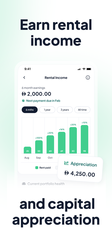 Stake: Real Estate Investing - Mobile app screen for Stake real estate investing showing rental income and capital appreciation stats