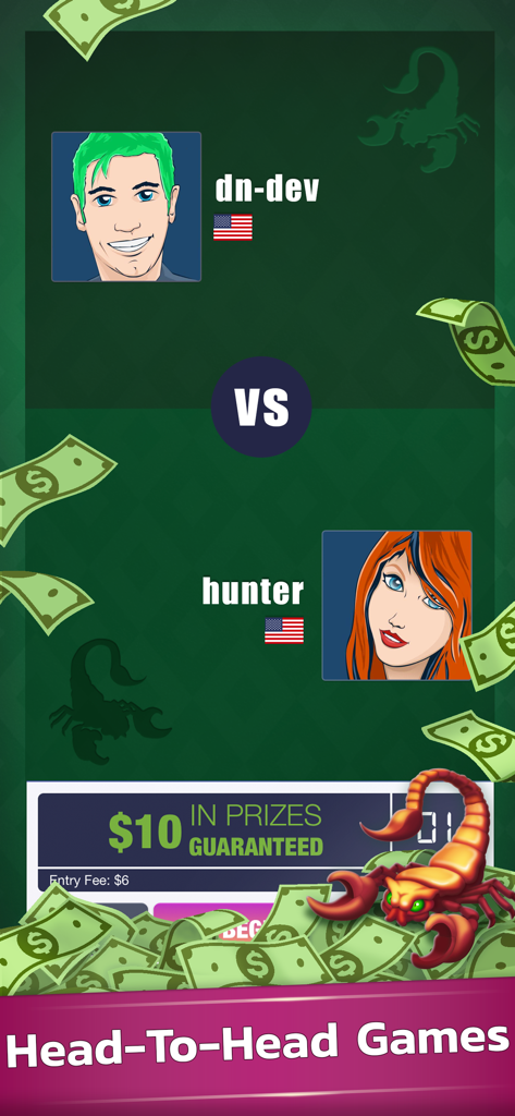 Scorpion Solitaire Skillz Game - Una pantalla competitiva versus que muestra a dos jugadores en una partida de Scorpion Solitaire con una oferta de premio en efectivo