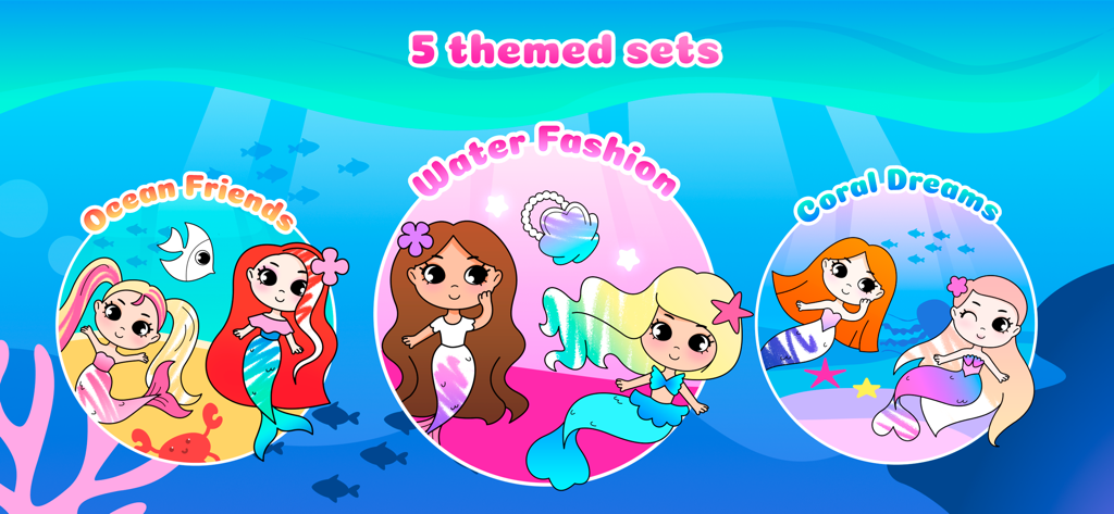 Preview of five themed mermaid coloring sets including Ocean Friends, Water Fashion, and Coral Dreams