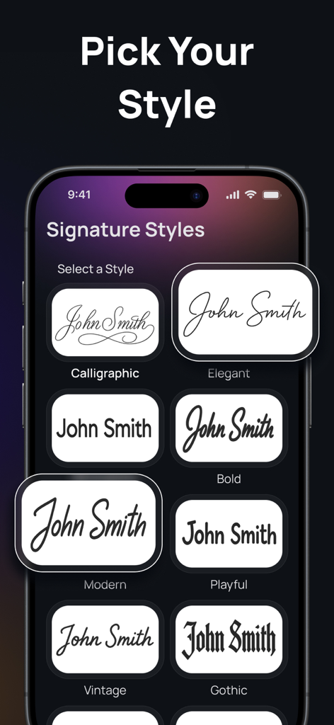 Sign AI - Signature Maker App - A mobile interface displaying various AI-generated signature styles including Calligraphic, Elegant, Modern, and Gothic.