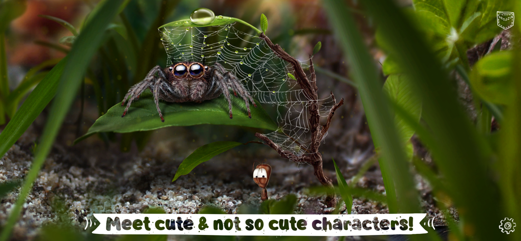 A tiny ant looking up at a large spider sitting on a leaf in a photorealistic macroworld
