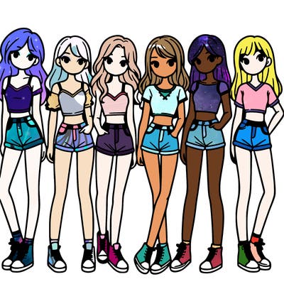 a group of girls wearing crop tops and shorts