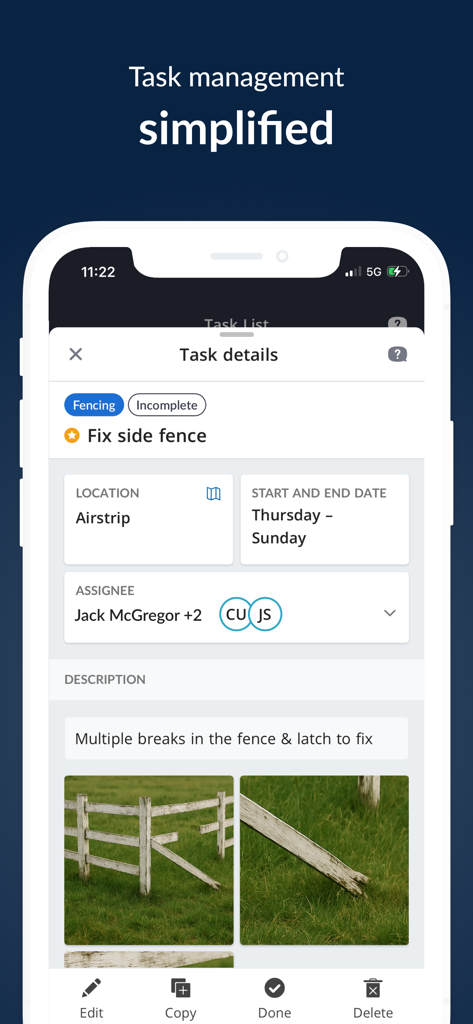 AgriWebb app screenshot showing simplified task management for a ranch fence repair